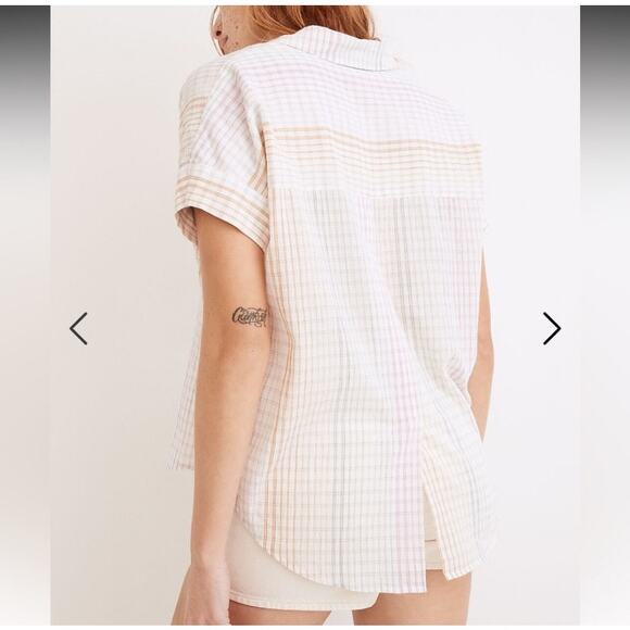 Madewell Lakeline Top Plaid Popover V Neck Shirt Cotton Pastel White Size Medium - Picture 2 of 10